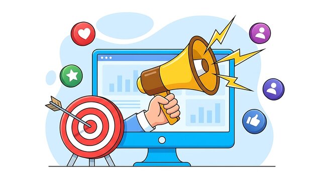 Hand holding megaphone for digital marketing campaign and social media advertising strategy