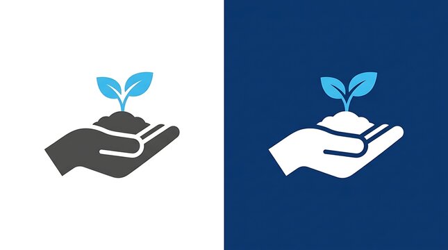 Hand holding a small plant sprout icon for environmental and sustainability concepts.