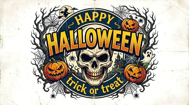 Happy halloween vintage emblem with skull, pumpkins, and spooky elements