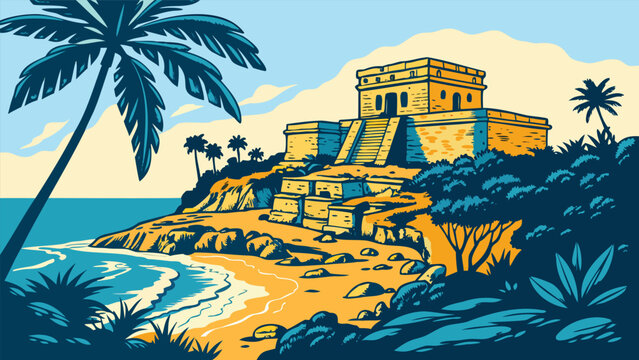 Tulum vector skyline silhouette with ancient Mayan ruins and El Castillo temple