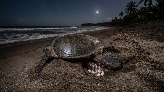 Sea Turtle Laying Eggs in Sand Nest on Tropical Beach Under Moonlight