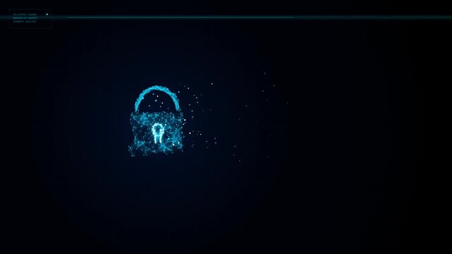 Digital cyber security padlock animation: glowing blue data protection and network privacy concept technology