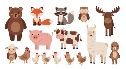 Naklejka premium Diverse cartoon farm and woodland animals collection.