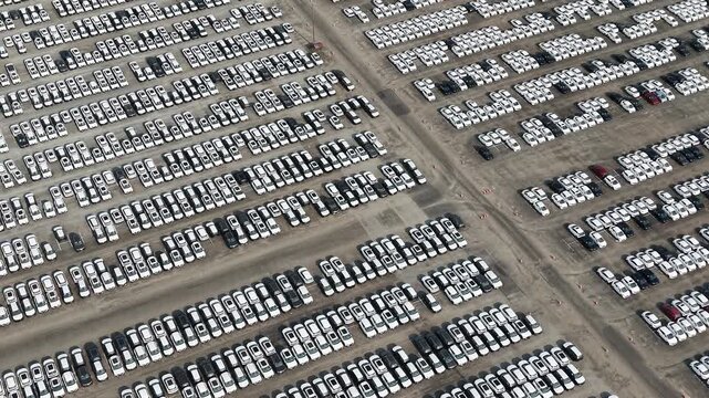 Aerial view of rows of new cars parked at a large manufacturing facility in Chennai, Tamil Nadu, India.
