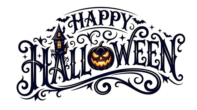 Happy halloween text with haunted house and jackolantern isolated on white