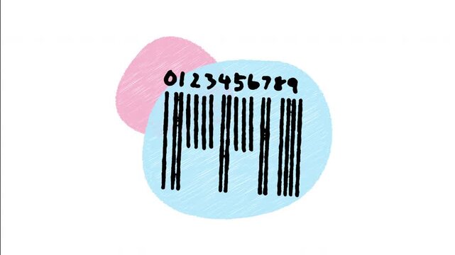 An animated hand-drawn digital scan barcode with product ID numbers overhead. Perfect for stock control, retail checkout, serial numbers, scanner apps, and supermarket inventory. 