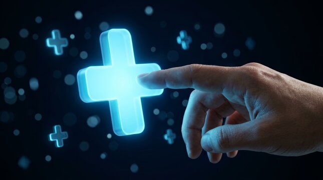 Human hand interacting with a bright blue illuminated plus symbol amidst glowing digital icons.
