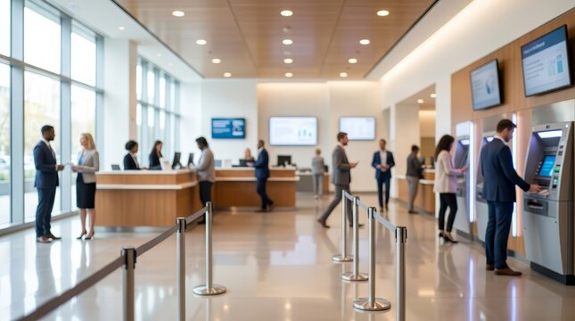 Blurred professional financial services setting showing customers and staff members in a modern bank lobby.