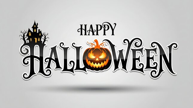 Happy halloween text design with spooky haunted house and glowing pumpkin