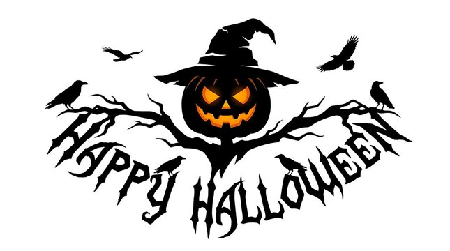 Happy halloween greeting card with a scary pumpkin and crows