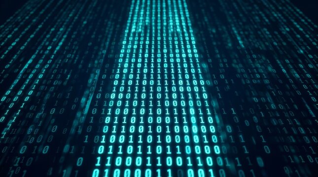 Abstract binary code background featuring a luminous digital stream for data security.