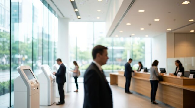 Modern financial center setting featuring customers at self service kiosks and bank teller counters.
