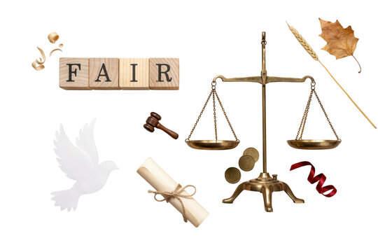 Fair justice concept with brass scales, wooden blocks spelling FAIR, legal gavel and paper scroll on white background