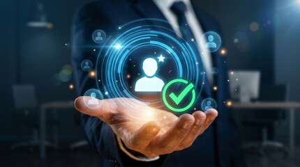 Obraz premium Conceptual image of a human profile icon surrounded by digital symbols and an approval checkmark in a hand.