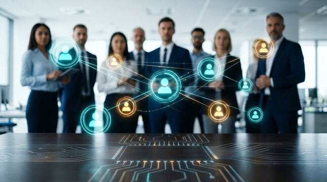 Collaborative teamwork concept featuring business people and a digital social network connection icon overlay.