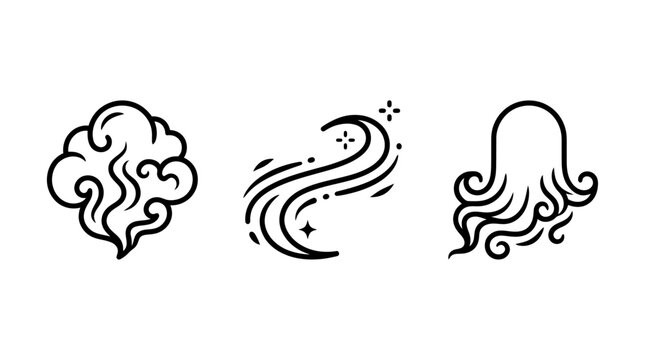 Set of minimalist outline illustrations featuring smoke wind streams flowing hair symbols abstract tentacle movement decoration illustration collection minimalist isolated