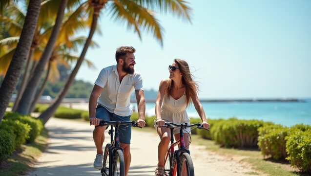 Happy couple riding bicycles along seaside path on sunny day. Summer vacation lifestyle with smiling man and woman enjoying freedom, nature and active leisure outdoors with scenic coastal view