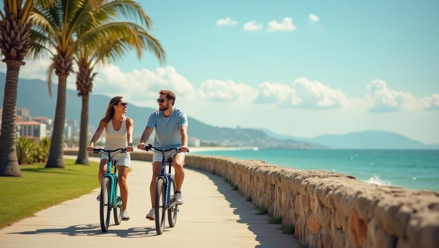 Happy couple riding bicycles along seaside path on sunny day. Summer vacation lifestyle with smiling man and woman enjoying freedom, nature and active leisure outdoors with scenic coastal view