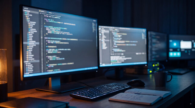 Modern software development workstation with code on monitors