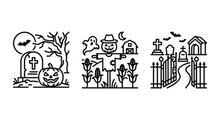 Fototapeta premium Halloween theme linear illustration set showing graveyard scarecrow and cemetery gates with halloween graveyard scarecrow cemetery celebration monochrome tradition collection illustration