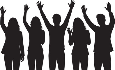 Fototapeta premium Silhouette Group of People Raising Hands Celebrating Success Teamwork Victory Corporate Meeting Concept Vector Illustration