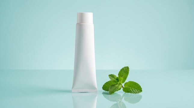 Matte White Toothpaste Tube Mockup with Mint Leaf on Teal Glass Surface