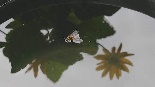 Lifeless honey bee drifting on the calm water's surface. The still water captures the reflections of lush green leaves and vibrant yellow flowers, evoking a sense of sadness in the scene