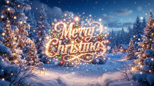 Texto brillante &laquo;Merry Christmas&raquo; en caligraf&iacute;a dorada sobre un fondo invernal nocturno con un &aacute;rbol de Navidad iluminado, adornos y efecto bokeh.
