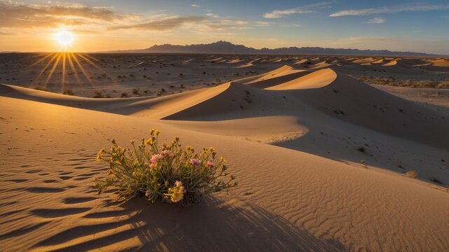 Sunset glowing over sand dunes with desert flowers