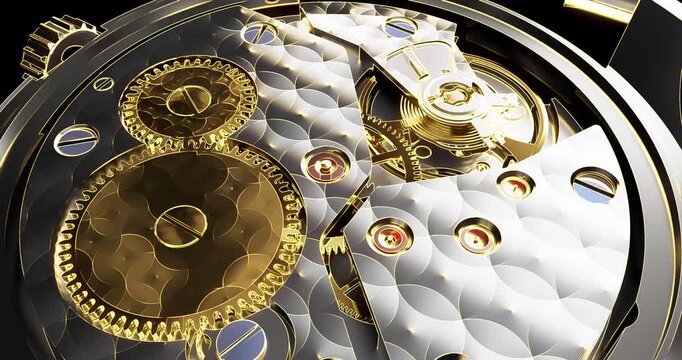 Precision mechanical gears and escapement wheel turning in luxury watch.