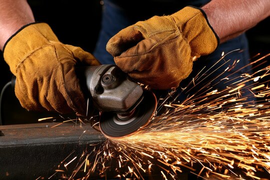 Worker using an angle grinder to cut metal in a workshop, creating numerous sparks