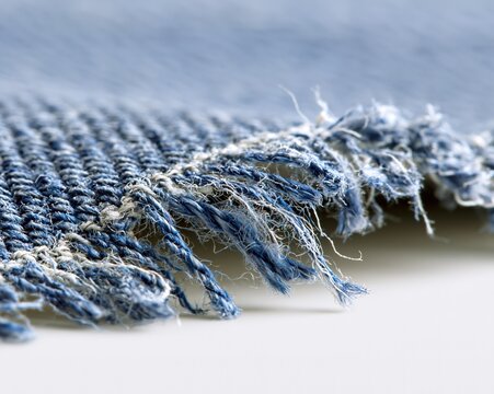 Close-up of frayed denim fabric, highlighting worn threads and edges.