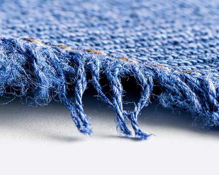 Close-up of frayed blue denim fabric edge.