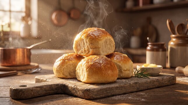 Freshly baked Thanksgiving bread rolls stacked on a wooden board with melted butter