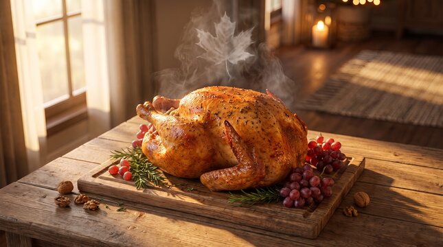 Whole roast Thanksgiving turkey garnished with rosemary, grapes and walnuts on a wooden board