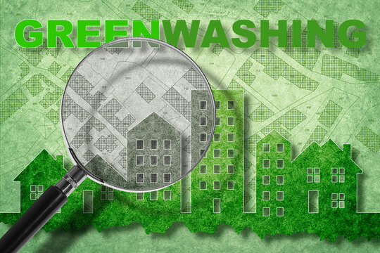 GREENWASHING ALERT IN THE CONSTRUCTION INDUSTRY WITH GREEN BUILDINGS UNDER A MAGNIFYING GLASS, VISUALIZING MISLEADING ECO MARKETING AND QUESTIONABLE SUSTAINABILITY CLAIMS IN REAL ESTATE