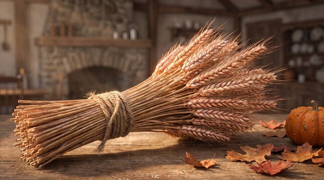 Bundled wheat sheaf tied with twine beside a small Thanksgiving pumpkin on a rustic table