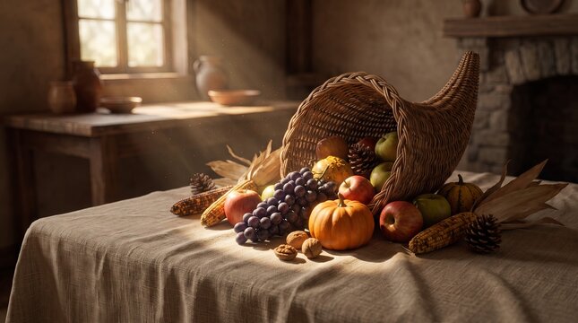 Cornucopia basket overflowing with apples, grapes and Thanksgiving harvest produce