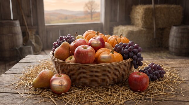Wicker basket of Thanksgiving apples, pears and small pumpkins in a rustic barn