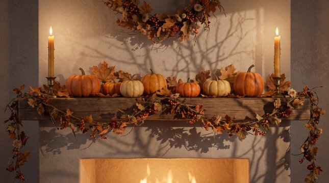 Fireplace mantel decorated with pumpkins, candles and a Thanksgiving wreath