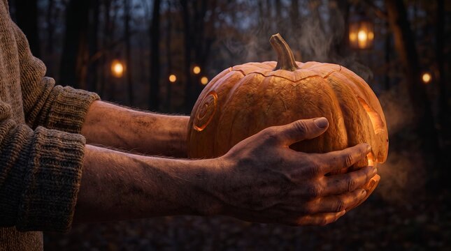 Man holding a carved pumpkin lantern in a dark forest during Thanksgiving season