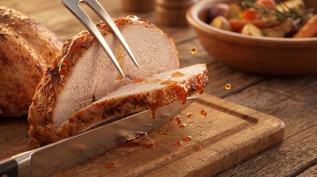 Close up of sliced Thanksgiving turkey breast dripping with glaze on a wooden board