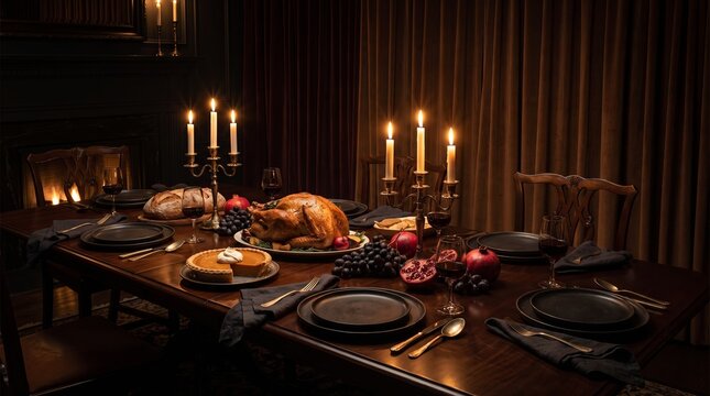 Formal Thanksgiving dinner table styled with roast turkey, grapes and pomegranates