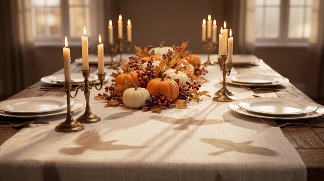 Thanksgiving table runner decorated with pumpkins, berries and brass candlesticks