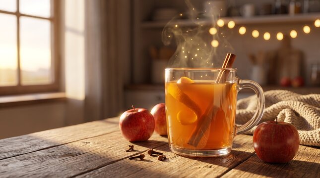 Steaming spiced apple cider mug for Thanksgiving with a cinnamon stick on a kitchen table