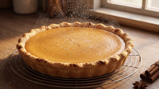Freshly baked Thanksgiving pumpkin pie cooling on a wire rack with sugar dusting