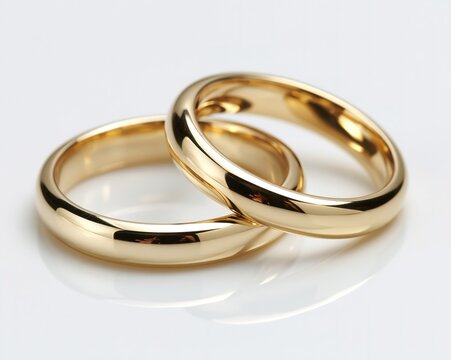 Two polished gold wedding bands intersecting, reflecting light.