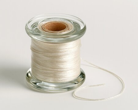 Glass spool of white thread, tightly wound, with a small loop at the top.