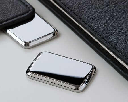 Metallic Belt Buckles on Black Leather Background