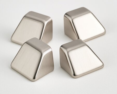 Four metallic, geometric knobs in brushed silver finish.